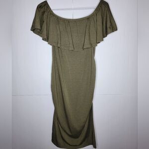 Olive Green Off Shoulder Ruffle Midi Dress Size M